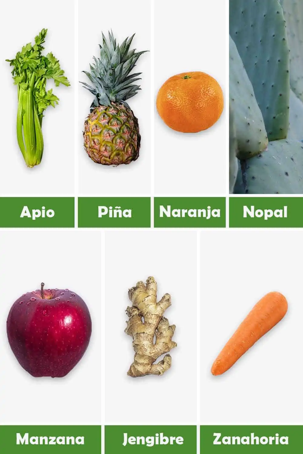 APIO, PIÑA, NARANJA, NOPAL, MANZANA, JENGIBRE Y ZANAHORIA