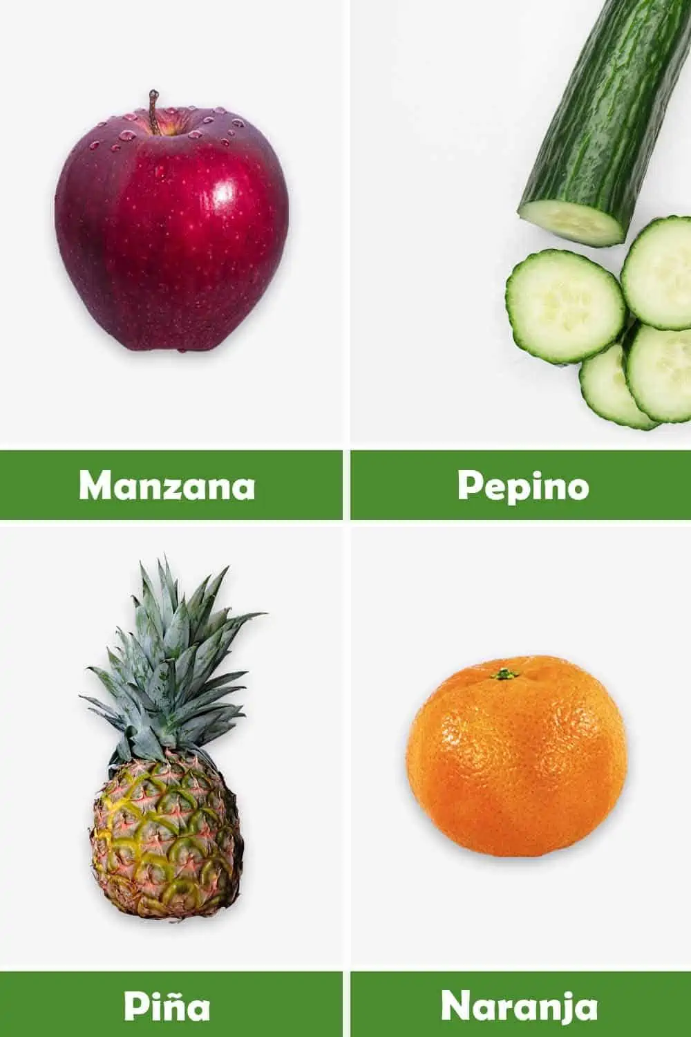 MANZANA, PEPINO, PIÑA Y NARANJA