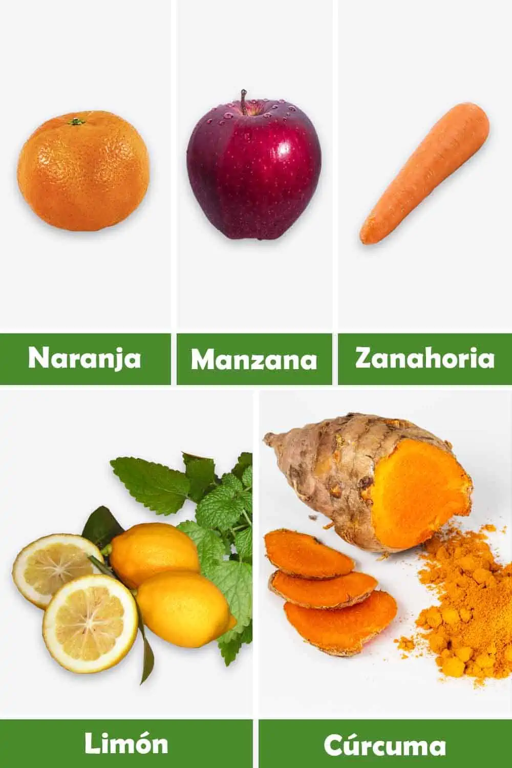 NARANJA, MANZANA, ZANAHORIA, LIMÓN Y CÚRCUMA