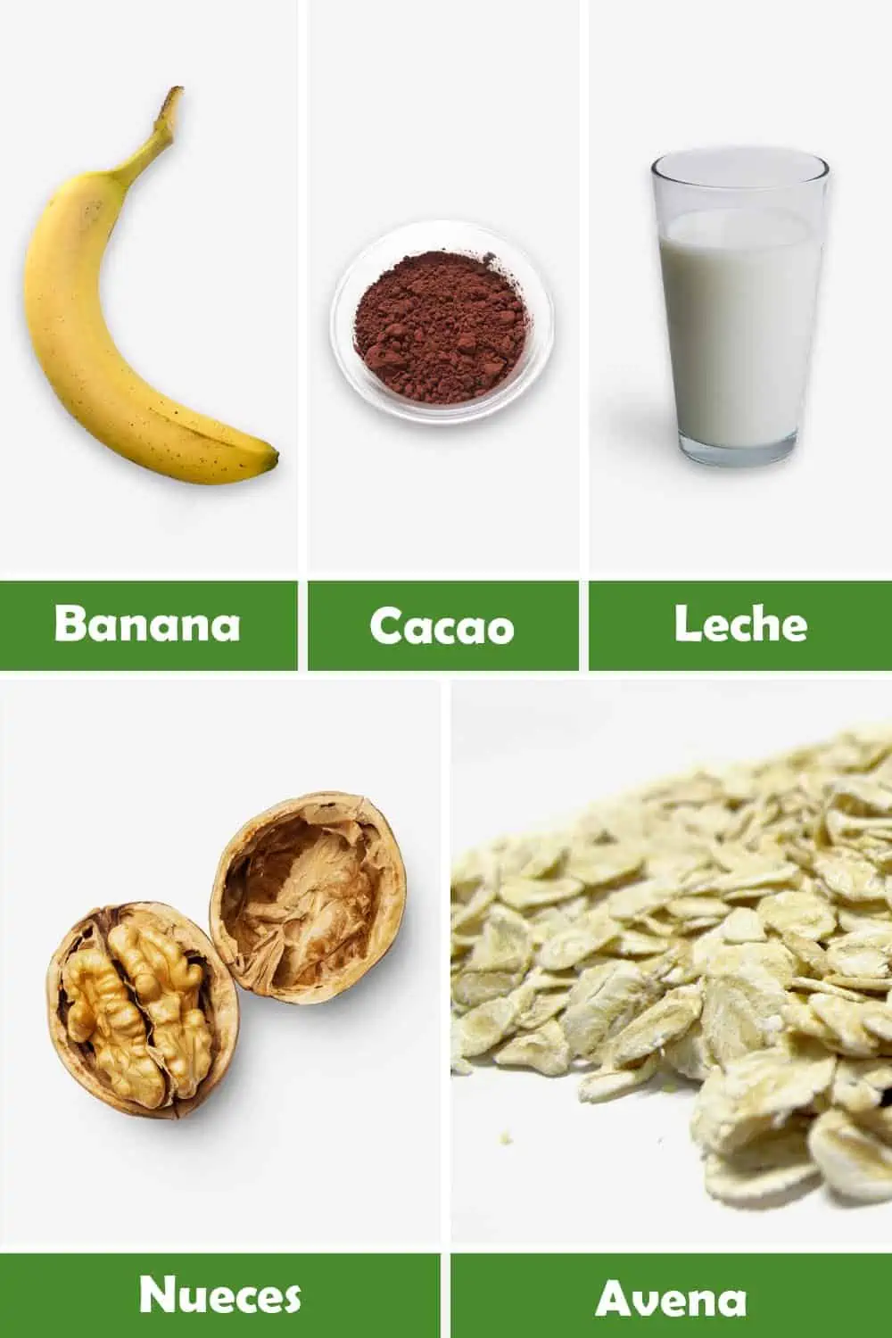 BANANA, CACAO, LECHE, NUECES Y AVENA